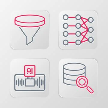 Set line Server, Artificial intelligence AI, Neural network and Funnel filt.. Stock Illustration
