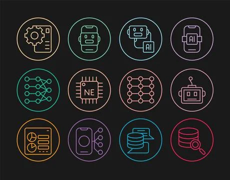 Set line Server, Artificial intelligence robot, Processor CPU, Neural netwo.. Stock Illustration