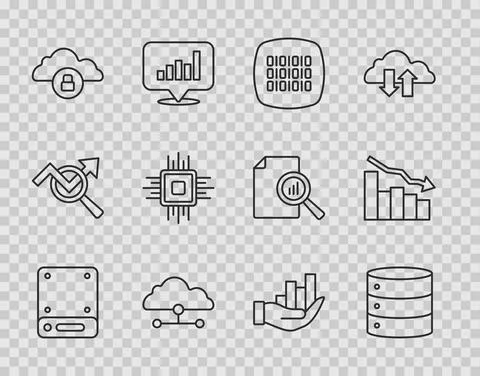 Set line Server, Binary code, Network cloud connection, Cloud computing lock Stock Illustration