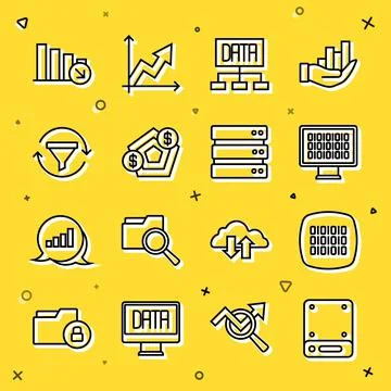 Set line Server, Binary code, Data analysis, Financial growth, Sales funnel with Stock Illustration