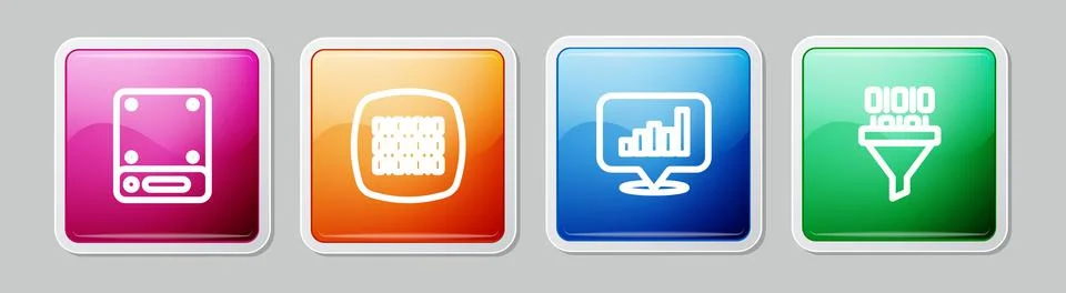 Set line Server, Binary code, Pie chart infographic and . Colorful square but Stock Illustration