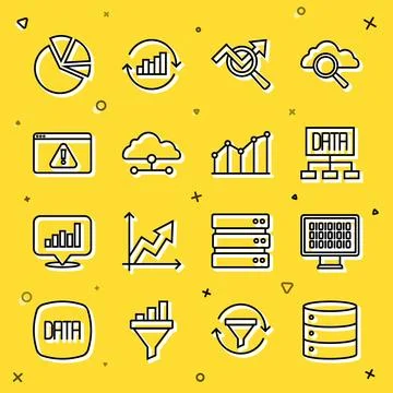 Set line Server, Binary code, Data analysis, Search data, Network cloud Stock Illustration