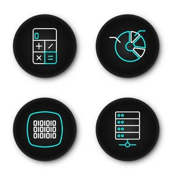 Set line Server, Binary code, Pie chart infographic and Calculator icon. Vect Stock Illustration