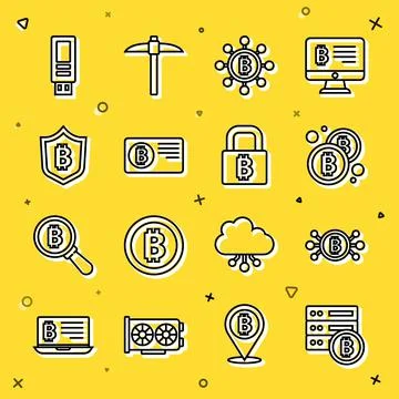 Set line Server bitcoin, Bitcoin circuit, Blockchain technology, Credit card Stock Illustration