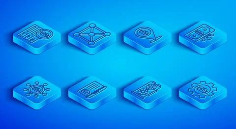 Set line Server bitcoin, Blockchain technology, Bitcoin, Mining from laptop Illustrazione stock