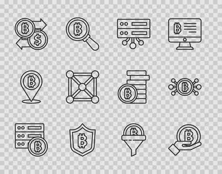 Set line Server bitcoin, Hand holding Bitcoin, Shield with, Cryptocurrency Illustrazione stock