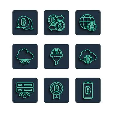 Set line Server, Bitcoin, Mining bitcoin from mobile, Globe, Sales funnel with Illustrazione stock
