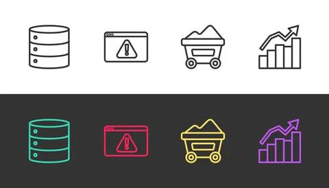 Set line Server, Browser with exclamation mark, Coal mine trolley and Finan.. Stock Illustration