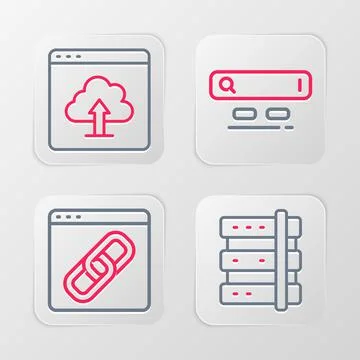 Set line Server, Browser window, Search engine and Cloud upload icon. Vector 库存插图