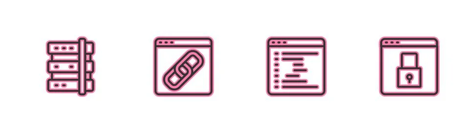 Set line Server, Browser window,  and Secure your site with HTTPS, SSL icon.. 库存插图