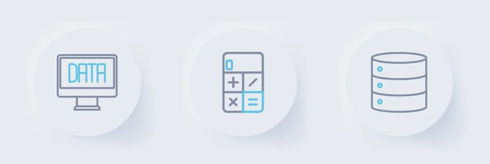 Set line Server, Calculator and Data analysis icon. Vector Stock Illustration