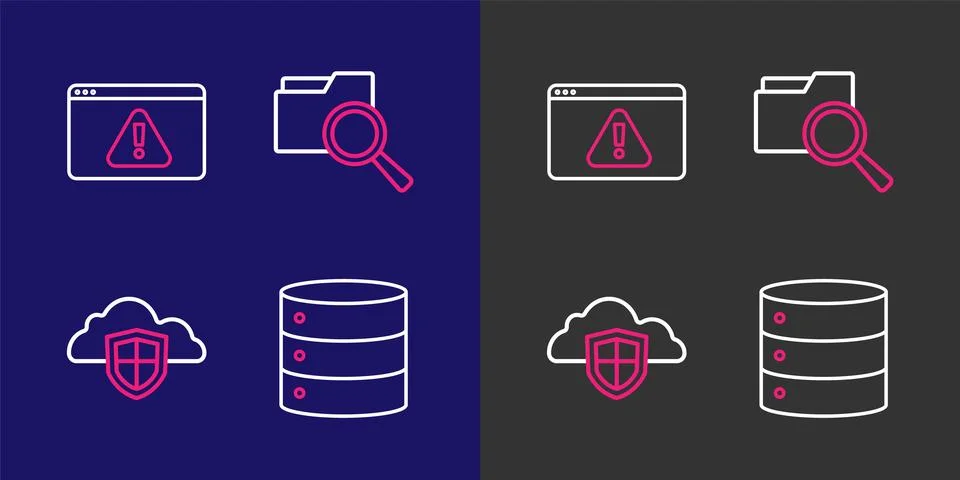 Set line Server, Cloud and shield, Search with folder and Browser exclamati.. Illustrazione stock
