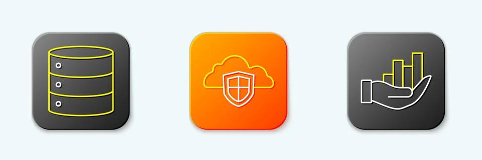 Set line Server, Cloud and shield and Pie chart infographic icon. Vector Stock Illustration
