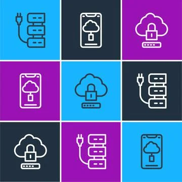 Set line Server, Cloud computing lock and technology data transfer icon. Vector Illustrazione stock