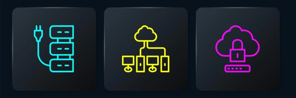 Set line Server, Cloud computing lock and Computer network. Black square button Stock Illustration