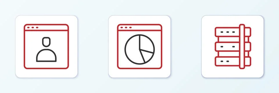 Set line Server, Create account screen and Graph chart infographic icon. Vector Illustrazione stock