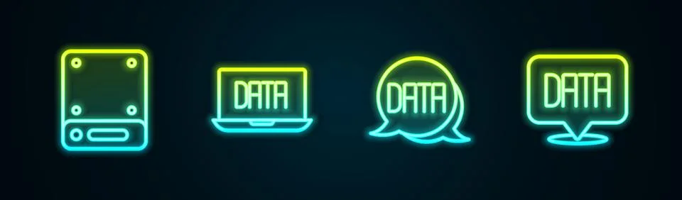 Set line Server, Data analysis, and . Glowing neon icon. Vector 스톡 일러스트