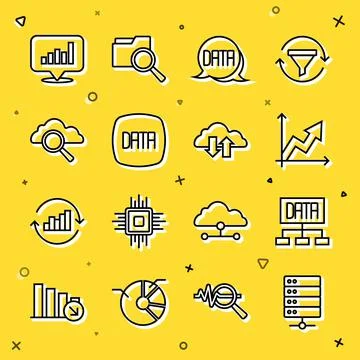 Set line Server, Data analysis, Financial growth, Search cloud computing, Pie Illustrazione stock