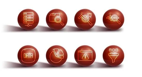 Set line Server Data analysis Search data Browser with exclamation mark Pie c Stock Illustration