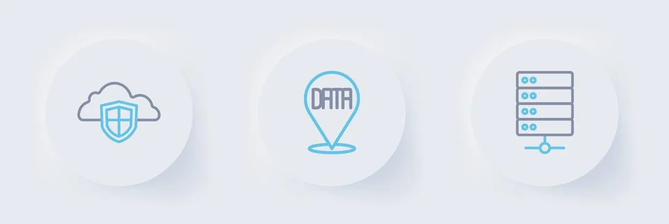 Set line Server, Data analysis and Cloud and shield icon. Vector Illustrazione stock