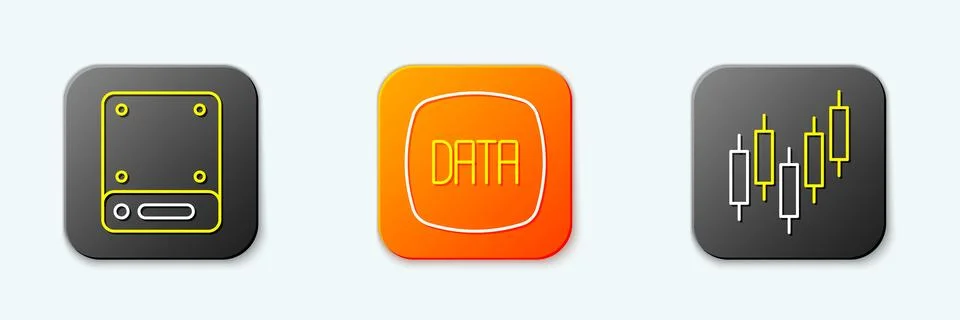 Set line Server, Data analysis and Browser with stocks market icon. Vector Illustrazione stock