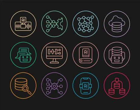 Set line Server, Data, Artificial intelligence robot, Neural network, Algorithm Stock Illustration