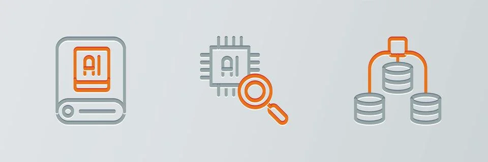 Set line Server, Data, Artificial intelligence AI and Processor CPU icon. Vector Stock Illustration