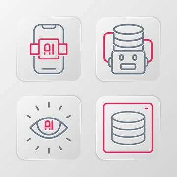 Set line Server, Data, Artificial intelligence AI, robot and icon. Vector Stock Illustration