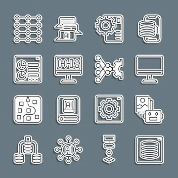 Set line Server, Data, Artificial intelligence robot, Computer monitor, Neu.. Illustrazione stock