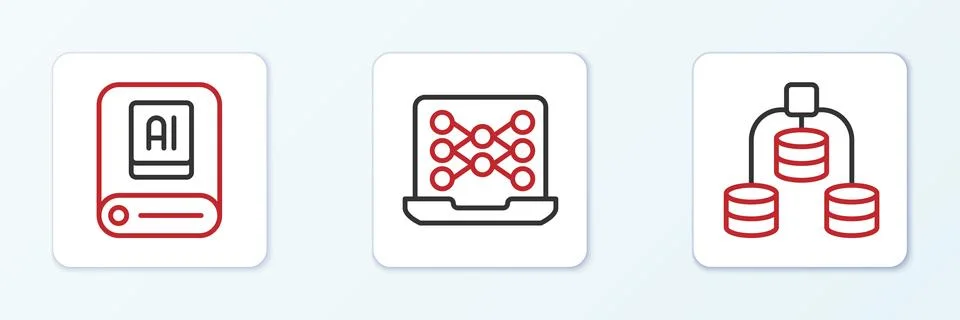 Set line Server, Data, Artificial intelligence AI and Neural network icon. .. Stock Illustration