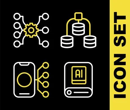 Set line Server, Data, Artificial intelligence AI, Neural network and  icon.. Stock Illustration
