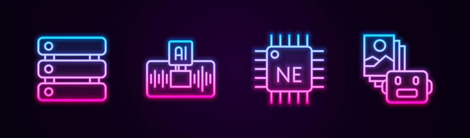 Set line Server, Data, Artificial intelligence AI, Processor CPU and robot... Illustrazione stock