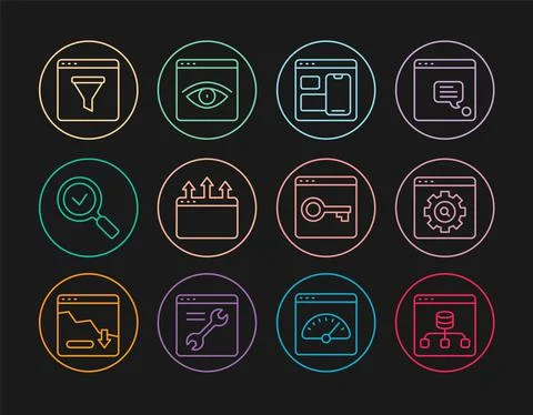 Set line Server, Data, Browser setting, Web developer programming code, window Stock Illustration