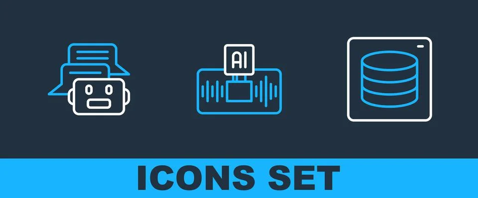 Set line Server, Data, Chat bot and Artificial intelligence AI icon. Vector Stock Illustration