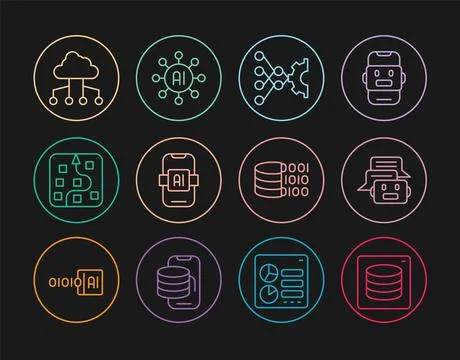 Set line Server, Data, Chat bot, Neural network, Artificial intelligence AI 스톡 일러스트