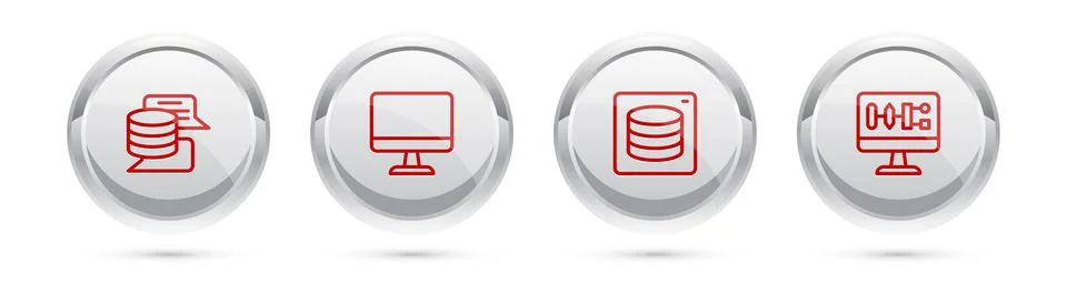 Set line Server, Data, Computer monitor, and Algorithm. Silver circle button Stock Illustration