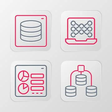 Set line Server, Data, Computer api interface, Neural network and  icon. Vect Stock Illustration