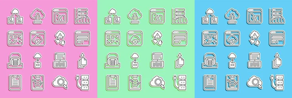 Set line Server, Data export, Browser window, Broken file, Cloud technology data Stock Illustration