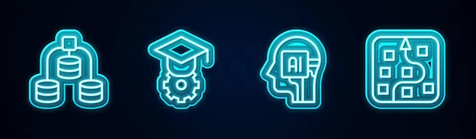 Set line Server, Data, Graduation cap, Humanoid robot and Neural network Stock Illustration