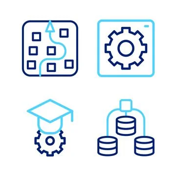 Set line Server, Data, Graduation cap, Computer api interface and Neural network Stock Illustration