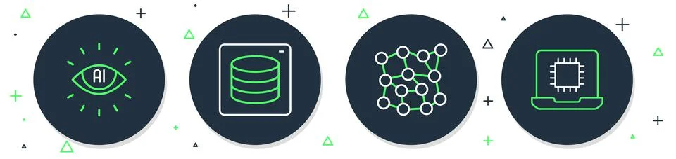 Set line Server, Data, Neural network, Artificial intelligence AI and Processor Stock Illustration