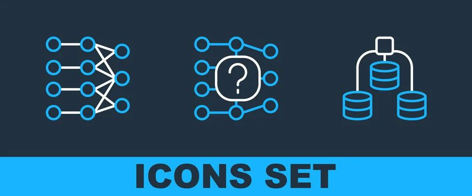 Set line Server, Data, Neural network and icon. Vector Illustrazione stock