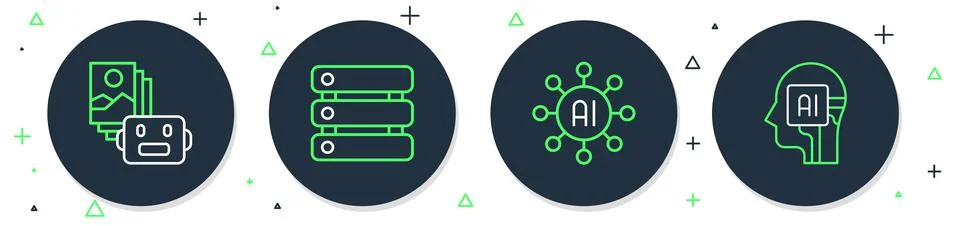 Set line Server, Data, Neural network, Artificial intelligence robot and Stock Illustration