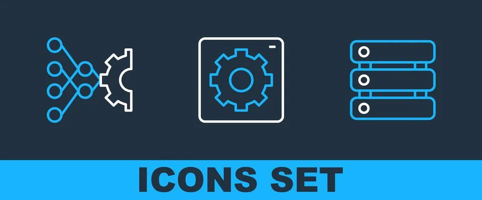 Set line Server, Data, Neural network and Computer api interface icon. Vector Illustrazione stock