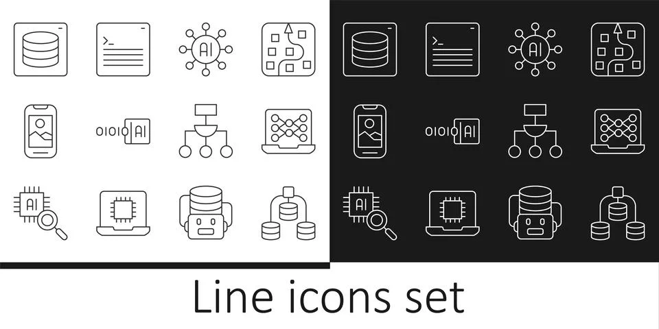 Set line Server, Data, Neural network, Binary code, Mobile phone, Algorithm.. Stock Illustration