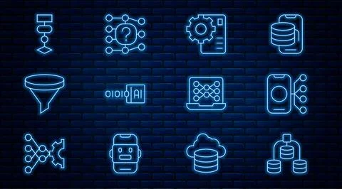 Set line Server, Data, Neural network, Binary code, Funnel filter, Algorith.. Stock Illustration