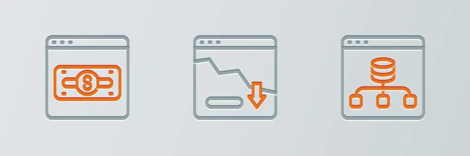 Set line Server, Data, Online shopping on screen and Financial growth decrease 库存插图