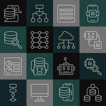 Set line Server, Data, Processor CPU, Artificial intelligence robot, Binary c Stock Illustration