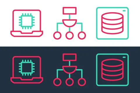 Set line Server, Data, Processor CPU and Algorithm icon. Vector Stock Illustration