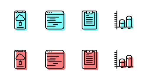 Set line Server, Data report, Cloud technology data transfer, Software and Stock Illustration